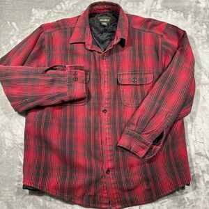 Eddie Bauer Jacket Mens L Plaid Quilted Flannel Red Black Button Front Outdoors